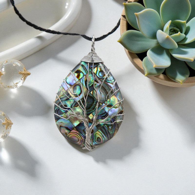 Pendentif Abalone (ormeau) en forme de goutte avec arbre de vie