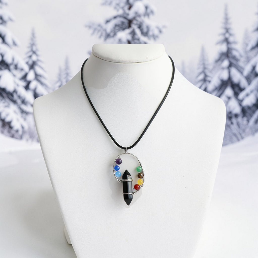 Pendentif Onyx et 7 Chakras – Collier Pierre avec Perles Chakras
