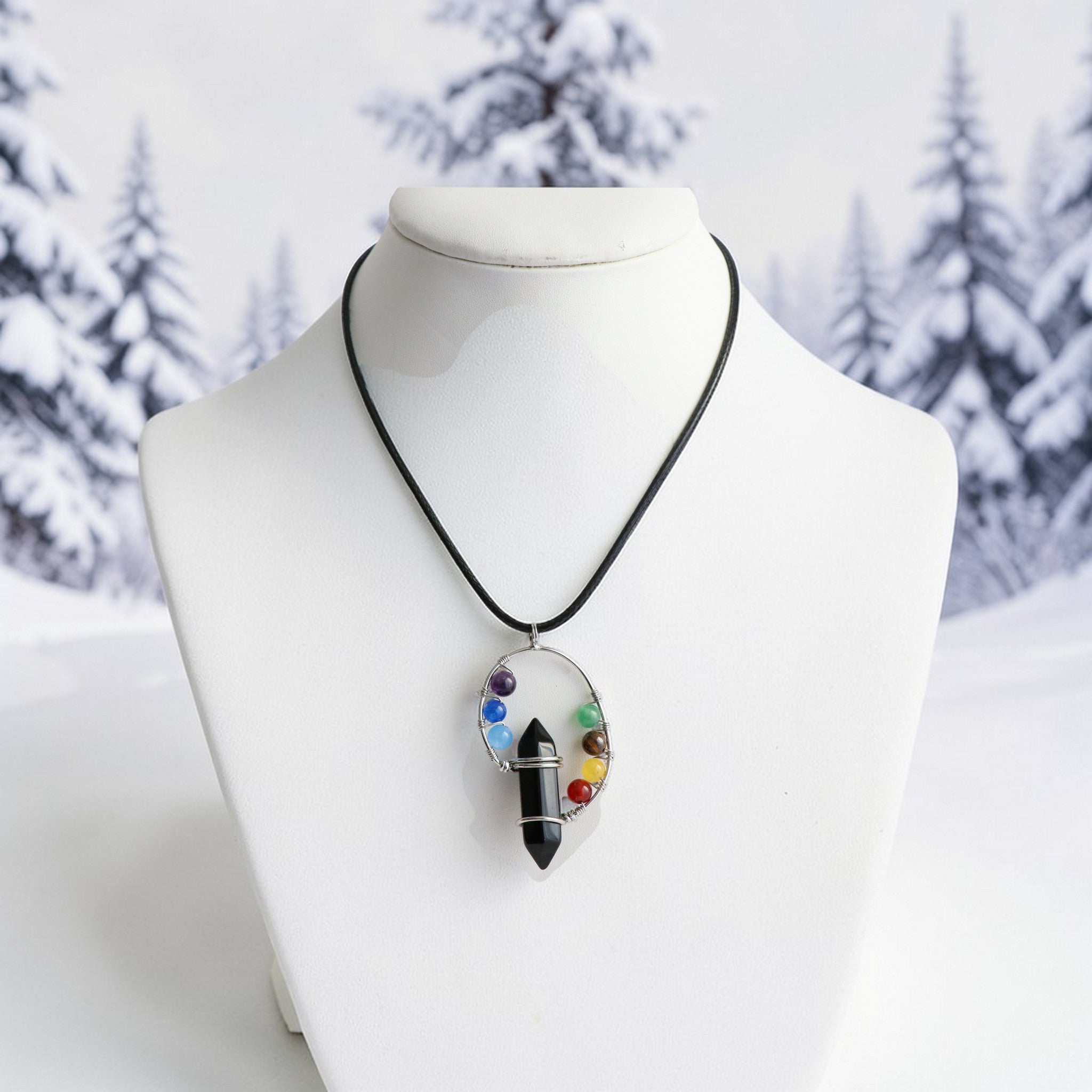 Pendentif Onyx et 7 Chakras – Collier Pierre avec Perles Chakras