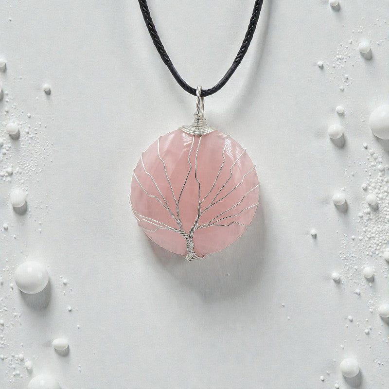 Pendentif Quartz rose rond arbre de vie