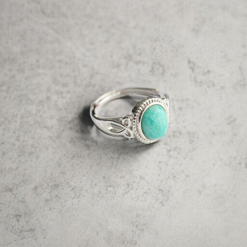 Bague Réglable en Laiton Rhodié avec Pierre Amazonite