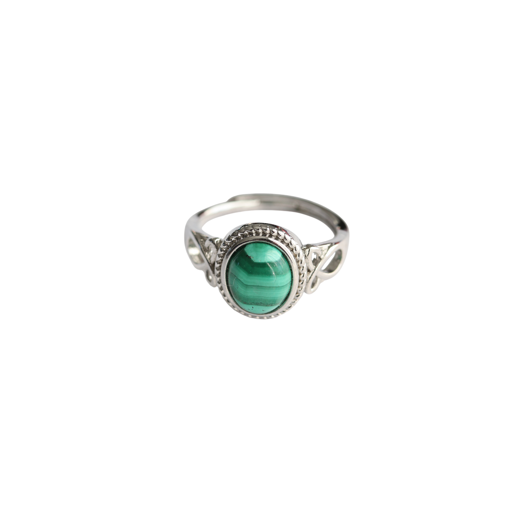 Bague Malachite Ajustable en Laiton Rhodié – Pierre Verte, Bijou Élégant Protecteur