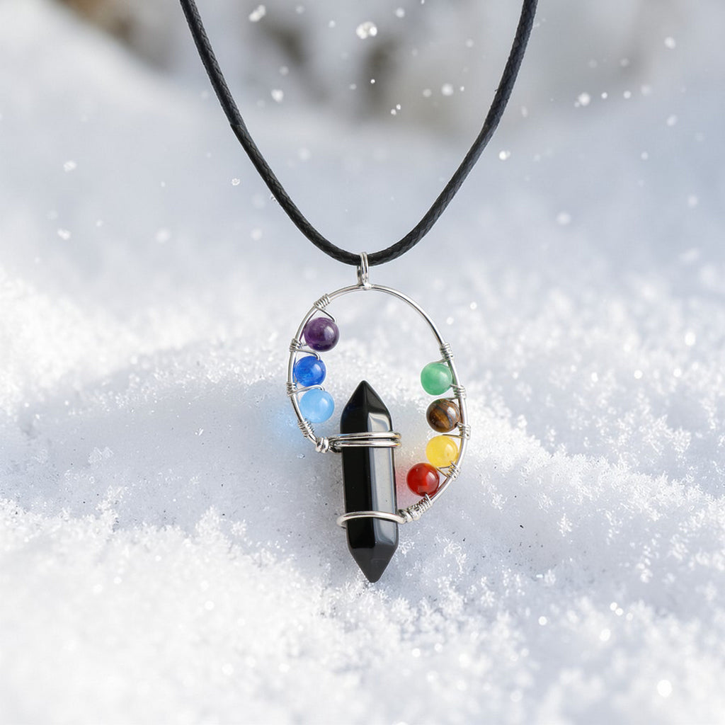Pendentif Onyx et 7 Chakras – Collier Pierre avec Perles Chakras