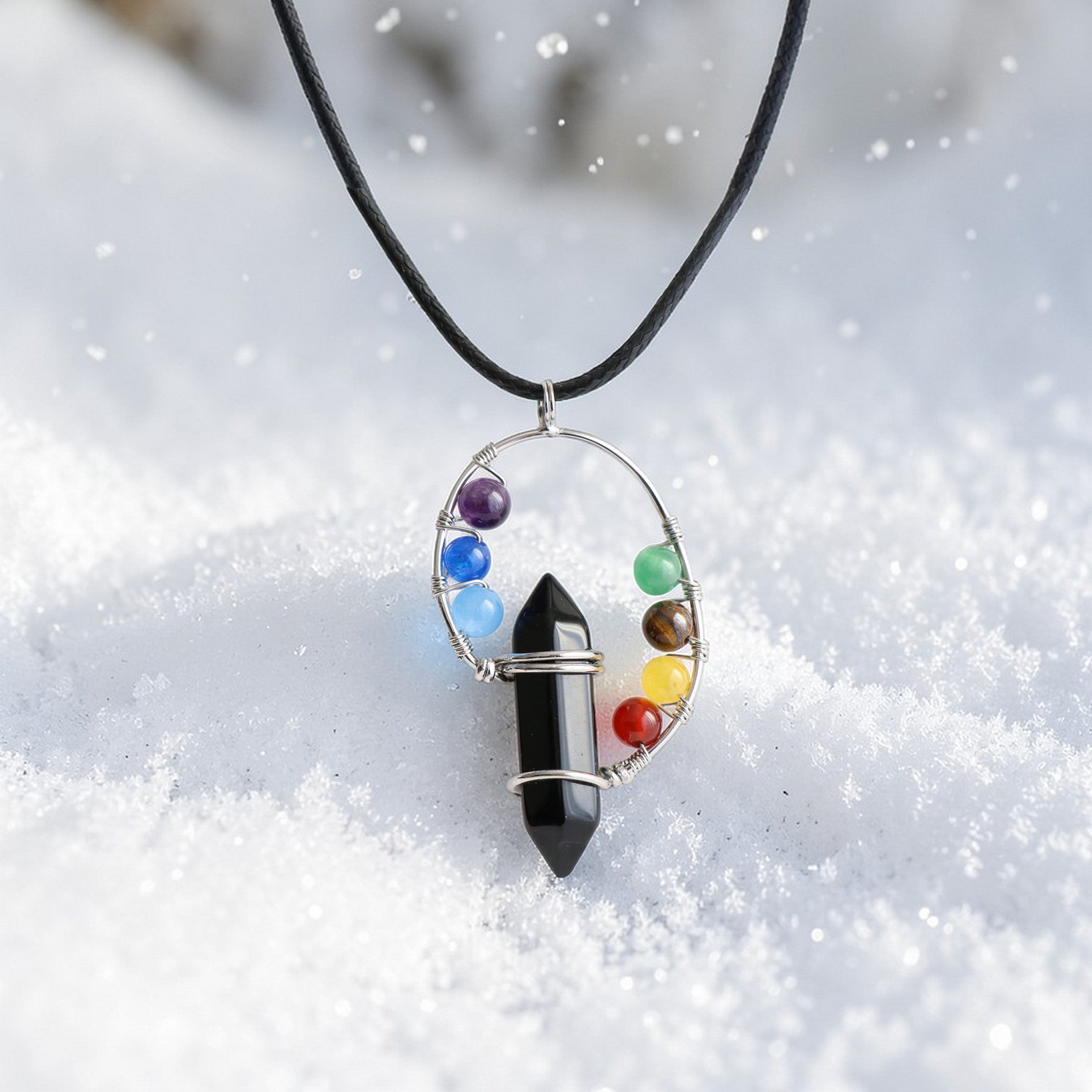 Pendentif Onyx et 7 Chakras – Collier Pierre avec Perles Chakras