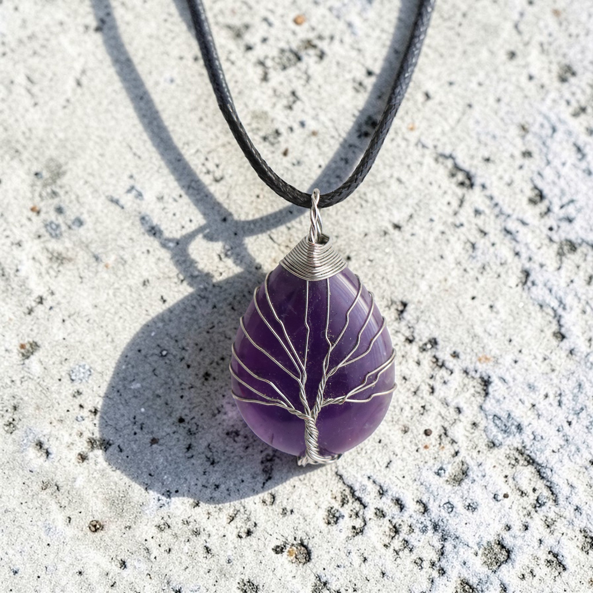 Pendentif Améthyste Goutte Arbre de Vie – Collier Pierre avec Cordon Noir