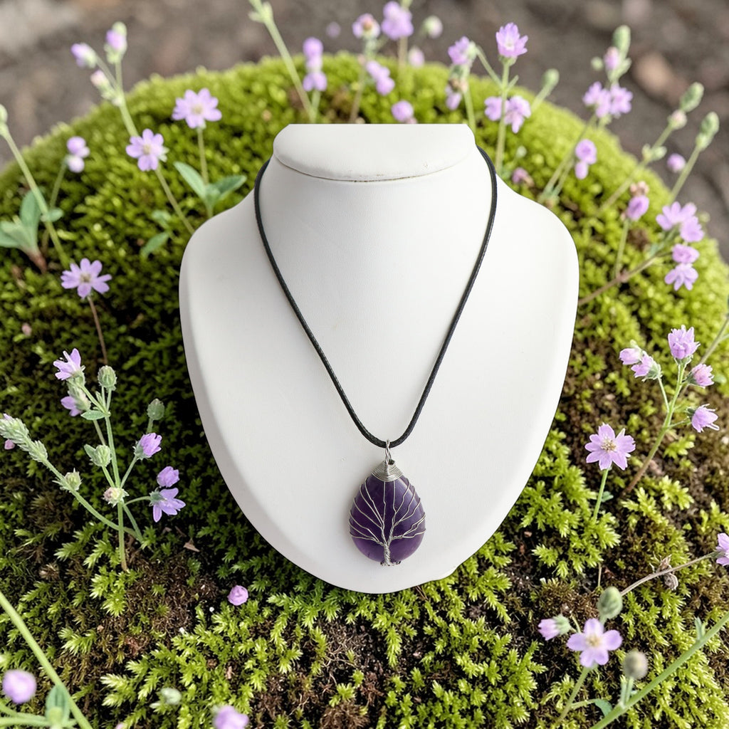 Pendentif Améthyste Goutte Arbre de Vie – Collier Pierre avec Cordon Noir