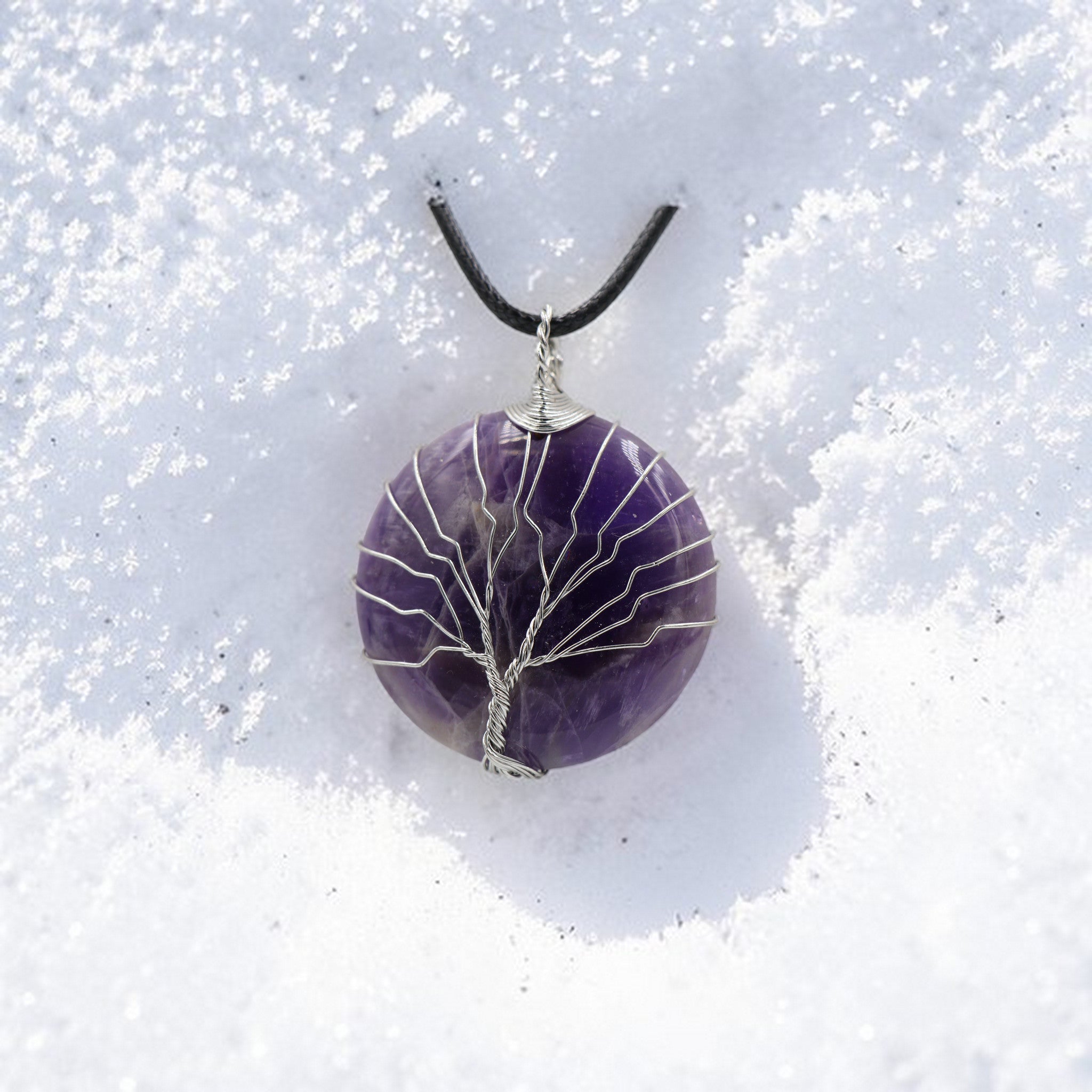Pendentif Améthyste Rond Arbre de Vie – Cordon Noir
