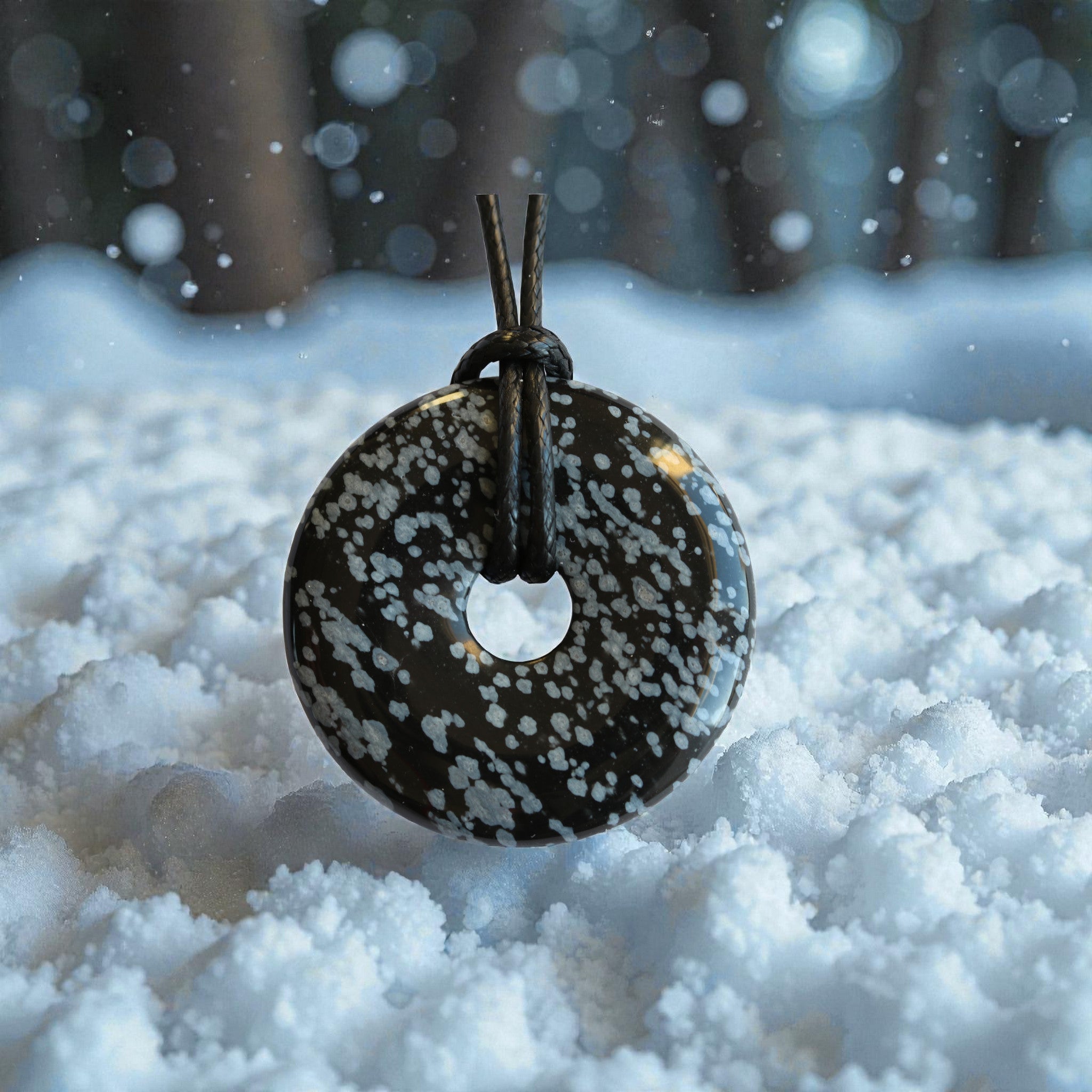 Pendentif Grand Donut Obsidienne Flocons de Neige – Pierre de Protection Ancrage