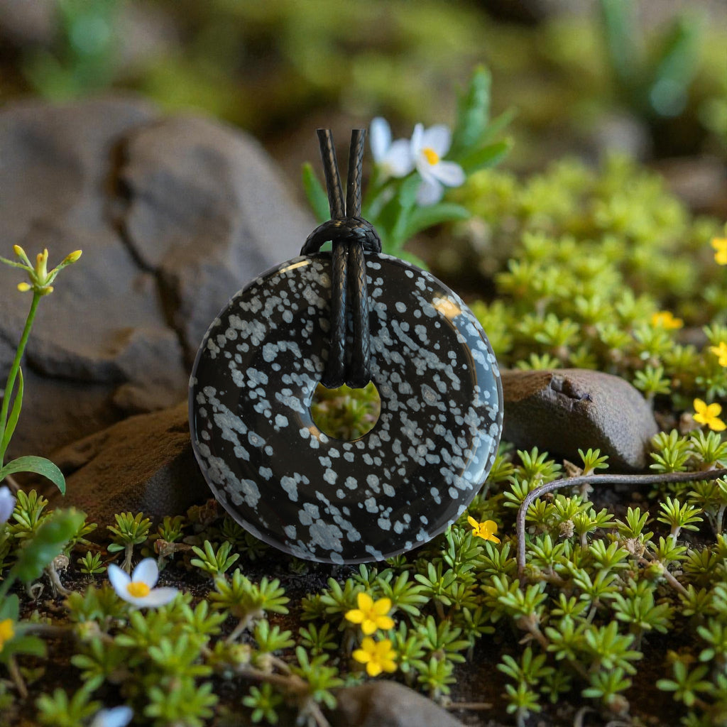Pendentif Grand Donut Obsidienne Flocons de Neige – Pierre de Protection Ancrage