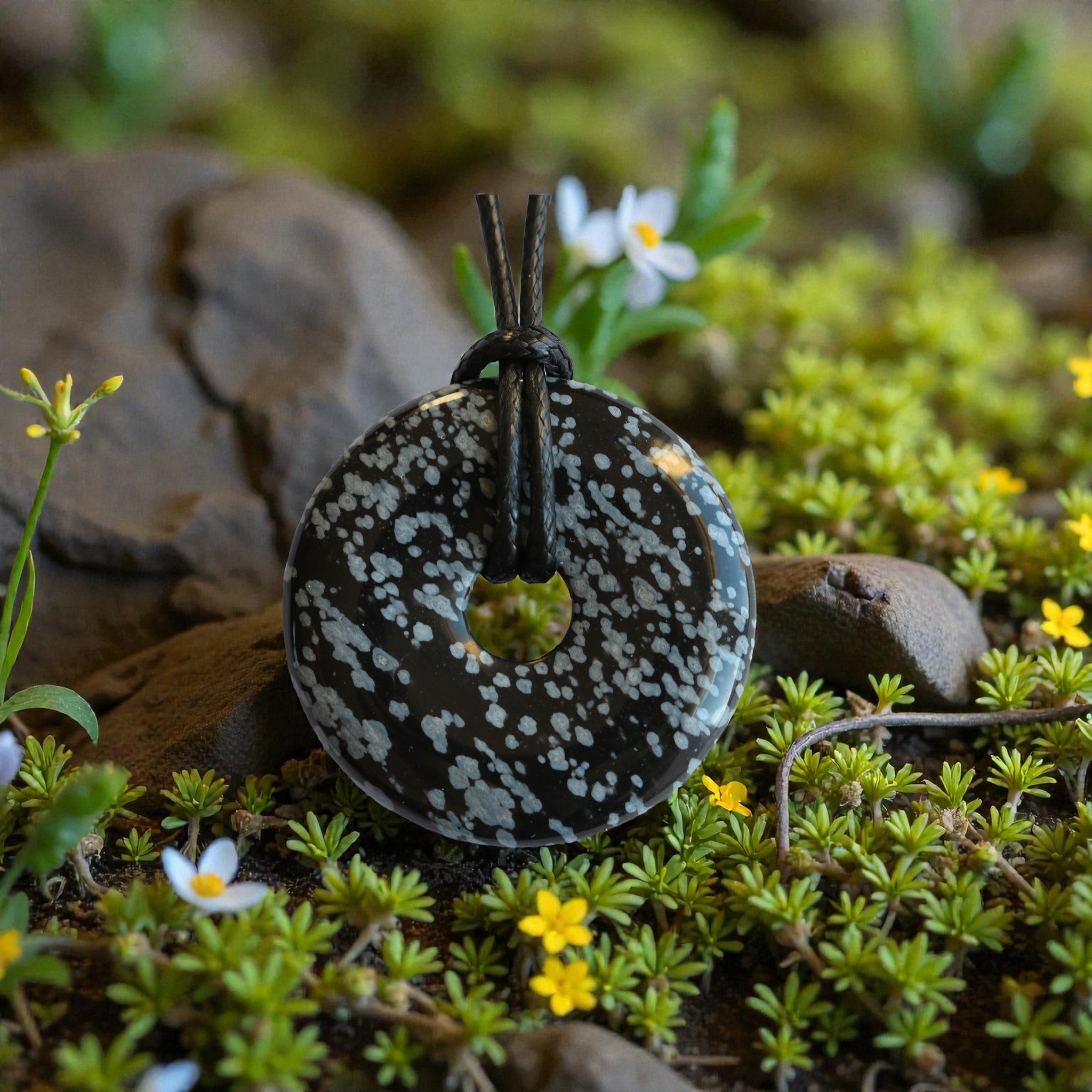 Pendentif Grand Donut Obsidienne Flocons de Neige – Pierre de Protection Ancrage