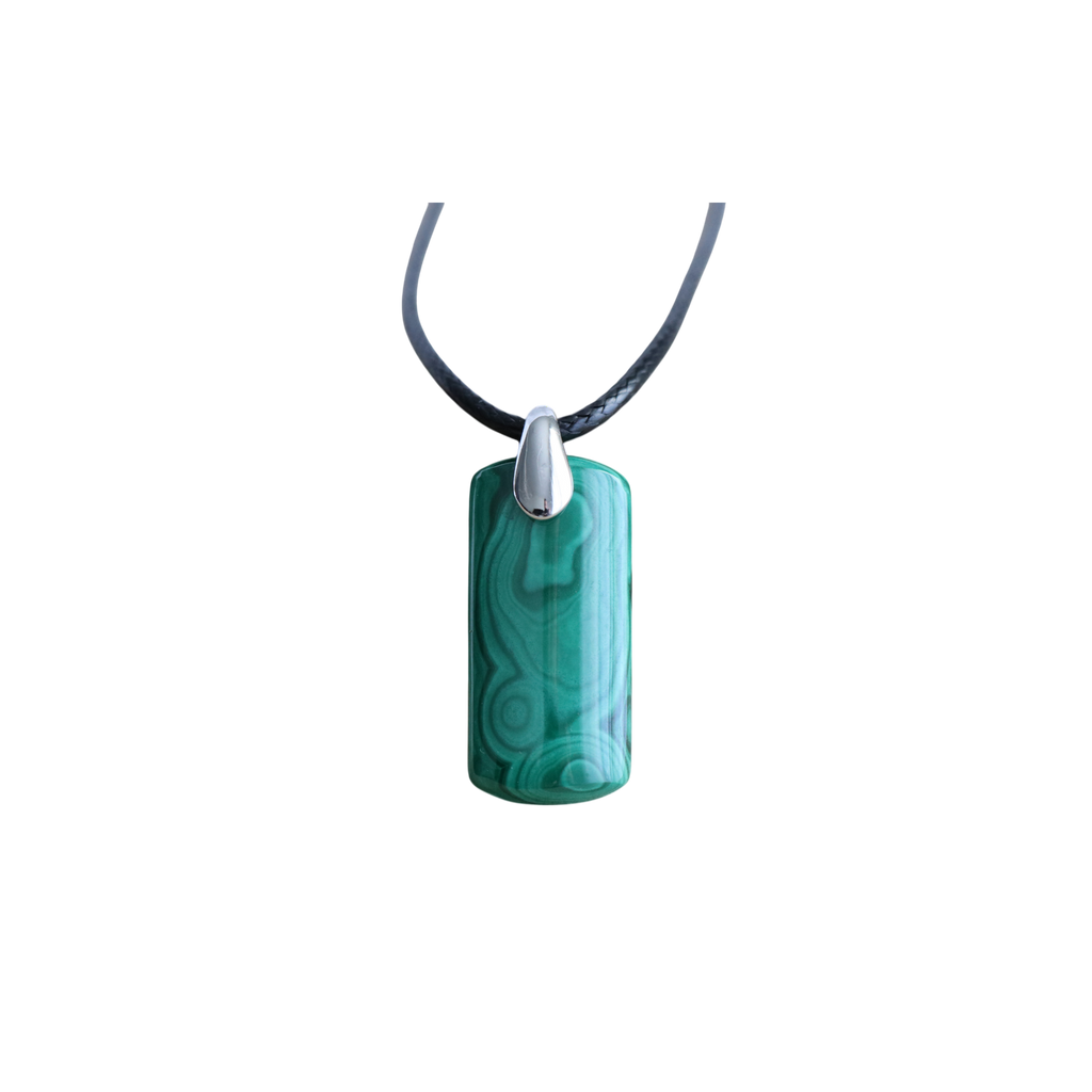 Pendentif Malachite Rectangle avec Cordon Noir