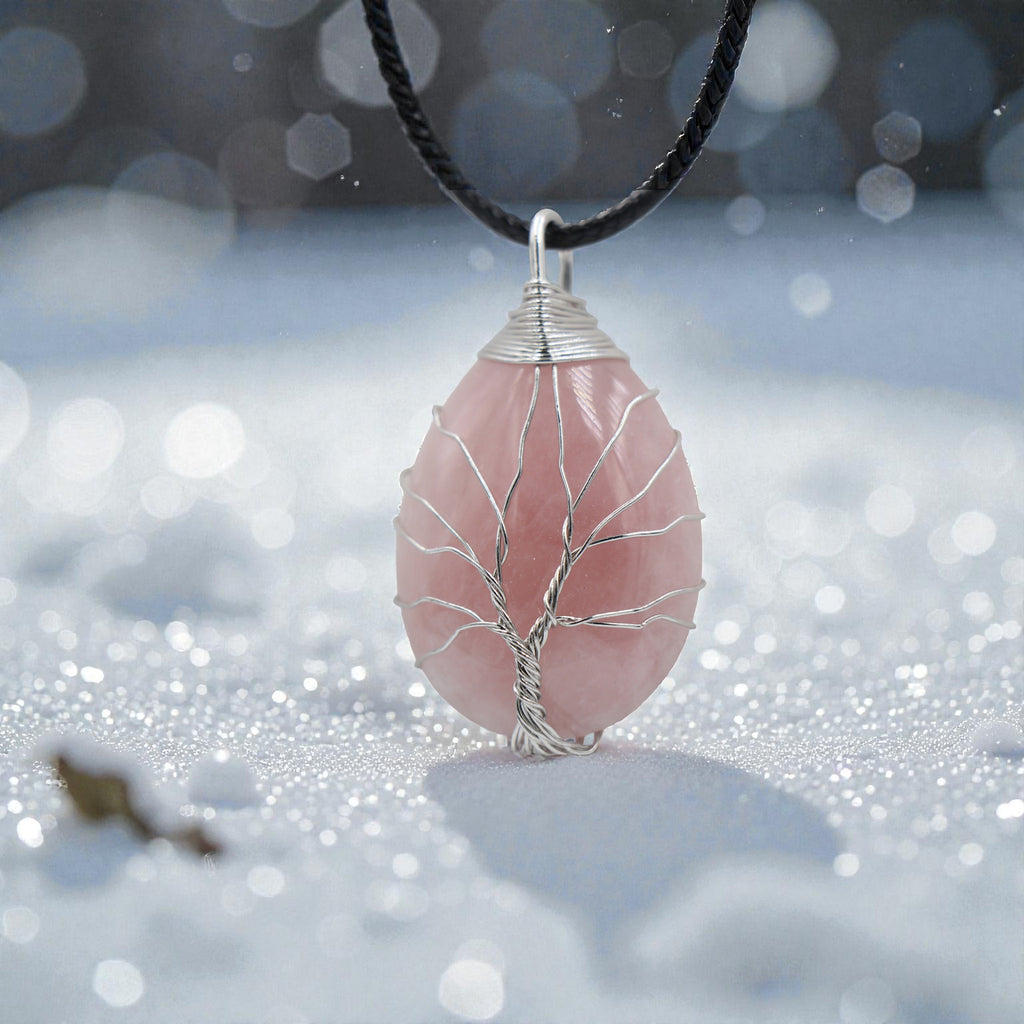Pendentif Quartz Rose Goutte Arbre de Vie – Collier Pierre Amour & Harmonie