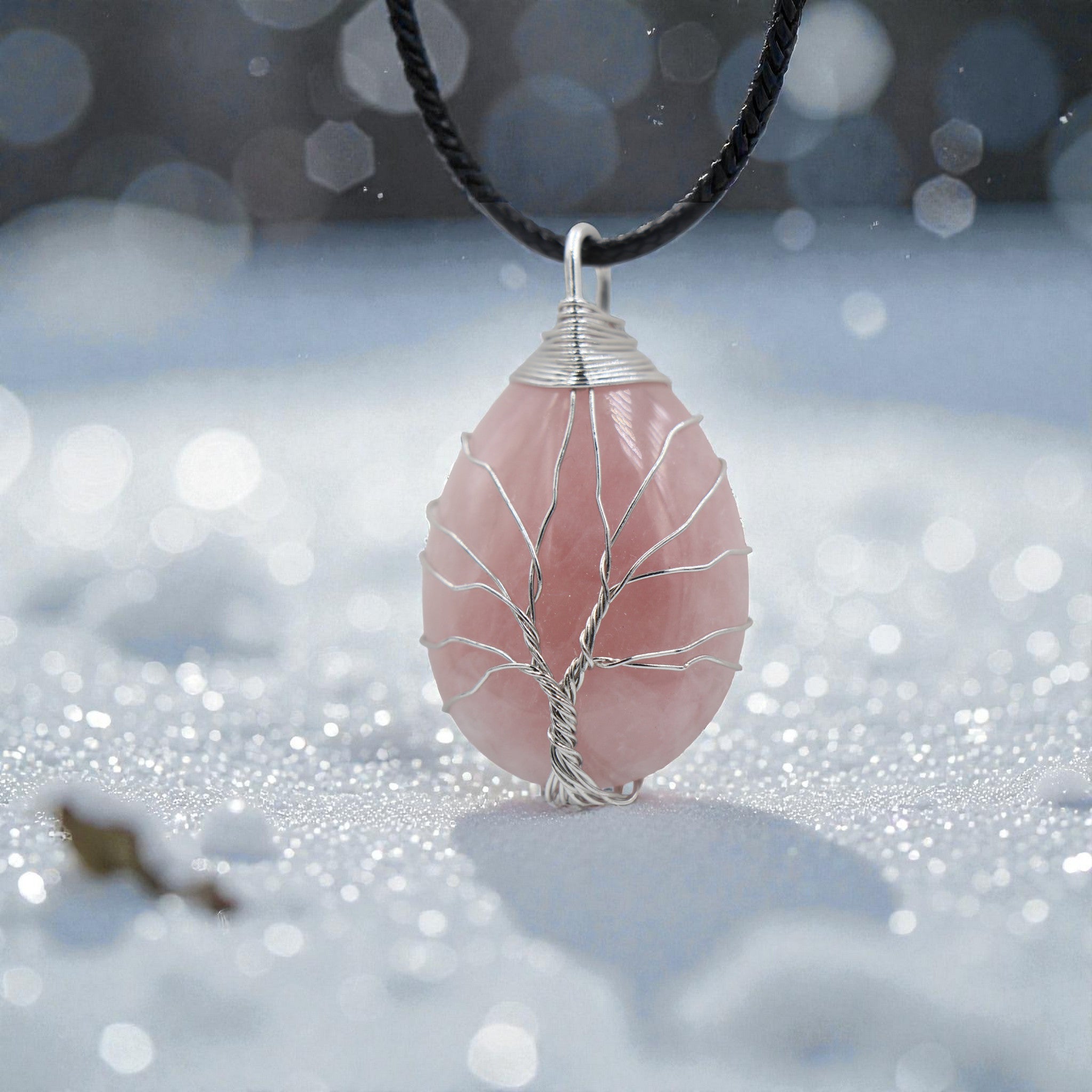 Pendentif Quartz Rose Goutte Arbre de Vie – Collier Pierre Amour & Harmonie