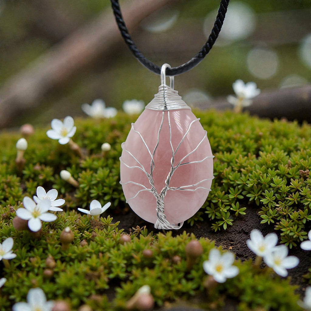 Pendentif Quartz Rose Goutte Arbre de Vie – Collier Pierre Amour & Harmonie