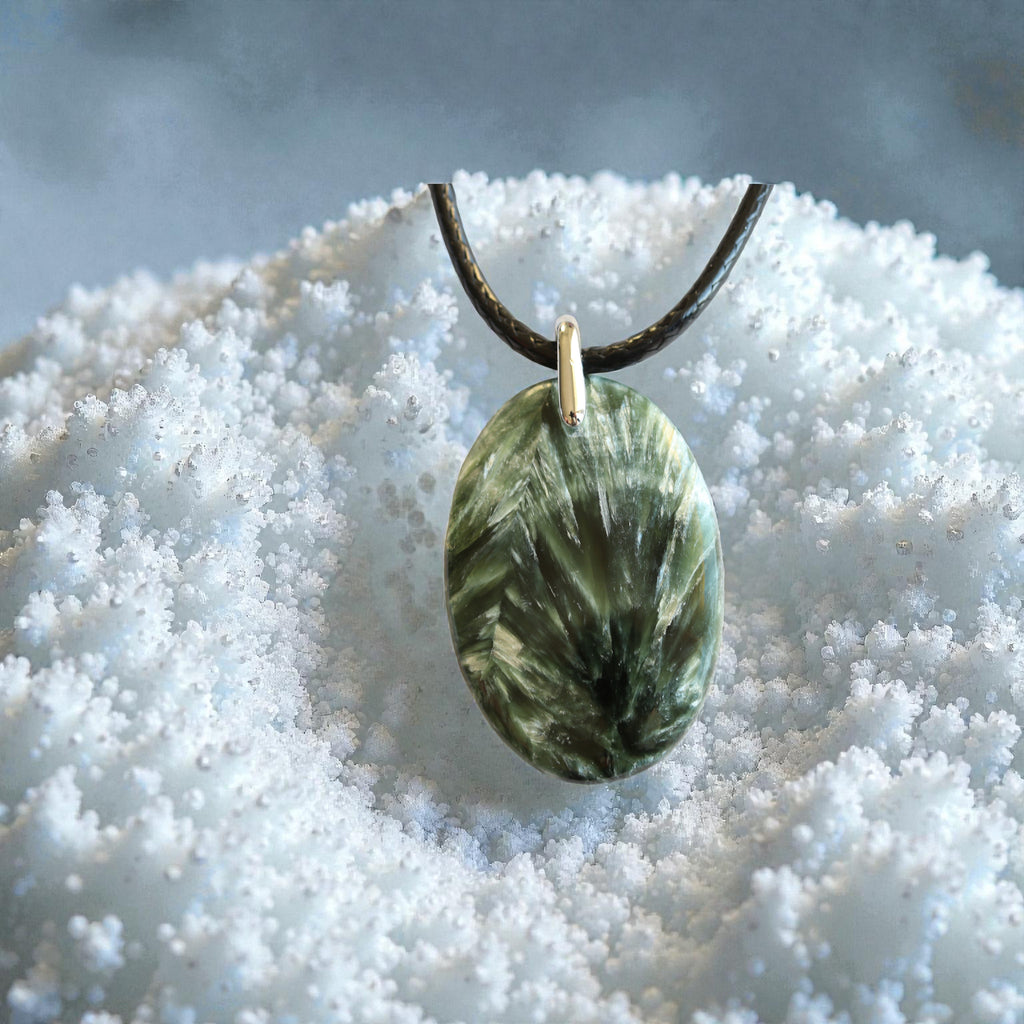Pendentif Séraphinite Ovale – Collier Pierre Verte Spirituelle Apaisante