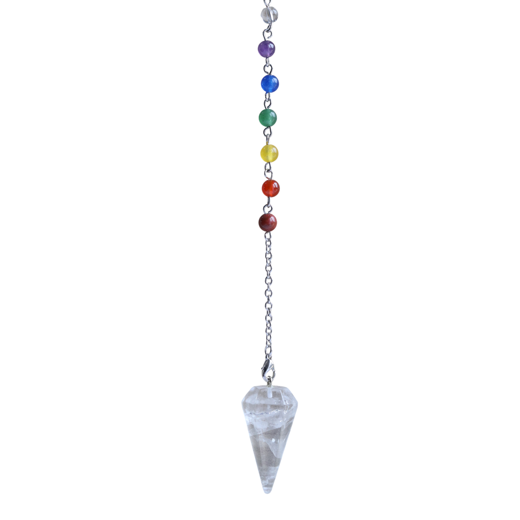 Pendule Hexagonal en Cristal de roche 7 perles chakras – Pendule de Radiesthésie